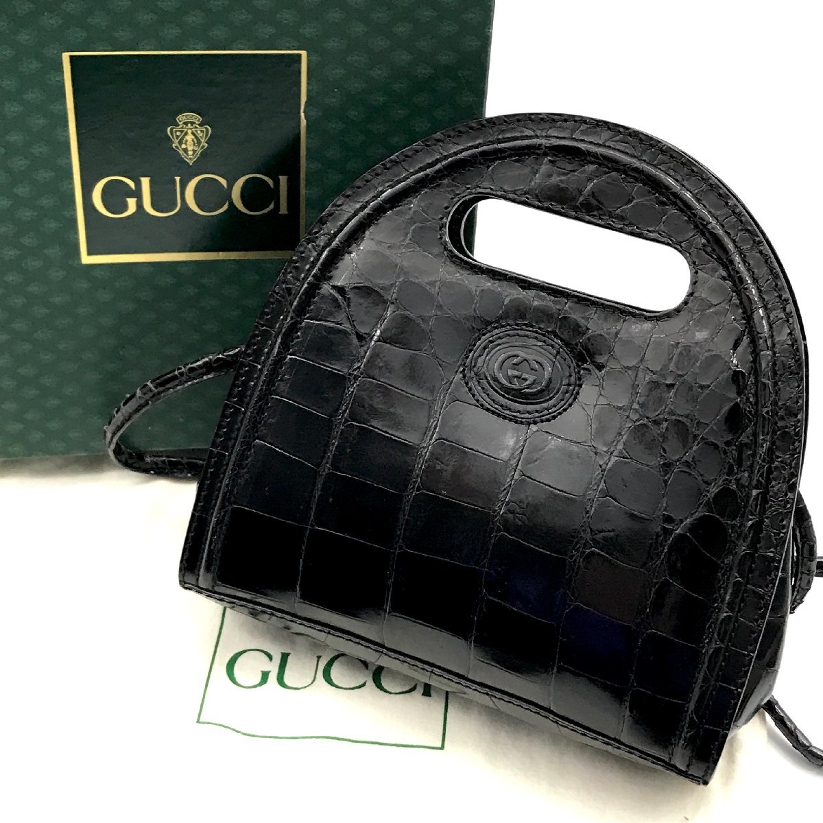 GUCCI グッチ 本クロコ ロゴ 2WAY ミニ ハンド ショルダー バッグ ブラック 美品 M8545拍卖
