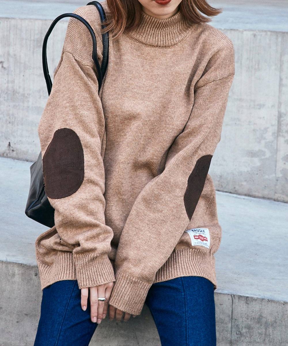 オーバーサイズ モックネック ニット セーター ライトブラウン FREE BASQUE -enthusiastic design パッチ Mサイズ Lサイズ拍卖