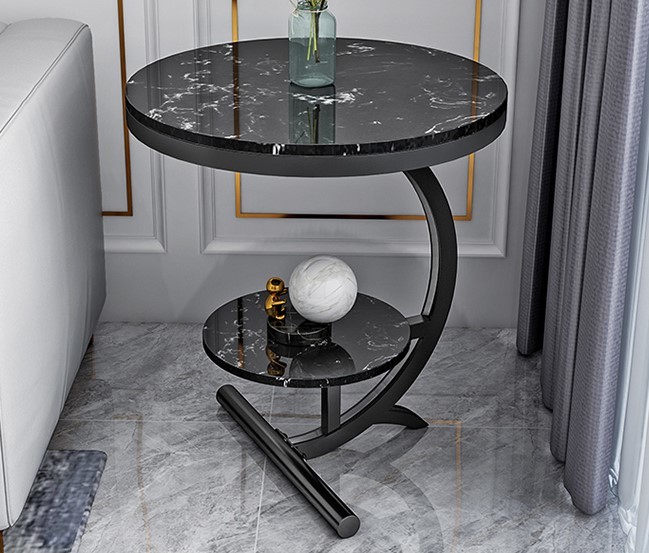大理石サイドテーブル C型スレートソファサイドテーブル 2段モダンラウンドエンドテーブル コーヒーテーブル カフェ拍卖