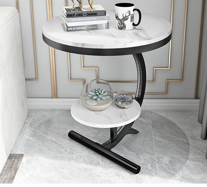大理石サイドテーブル C型スレートソファサイドテーブル 2段モダンラウンドエンドテーブル コーヒーテーブル カフェ拍卖