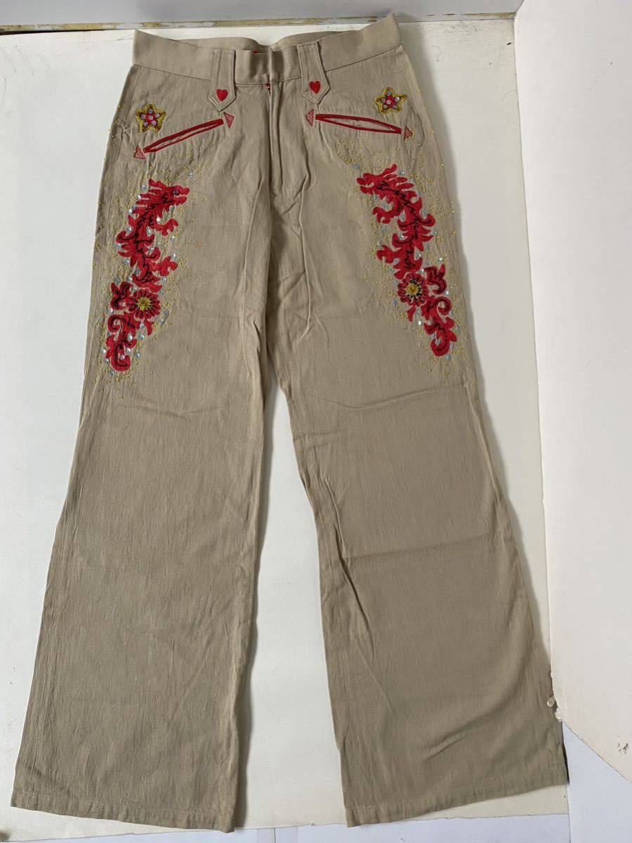 ミラクルウーマン クリームソーダ 刺繍、ビーズコットンワイドパンツ ベージュベース 検ロックンロール ロカビリー ピンクドラゴン拍卖