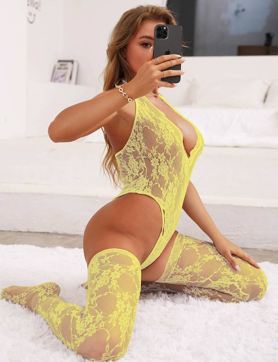 81021-5 XLサイズ テディ ストッキング セット 下着 セクシーランジェリー 黄色拍卖