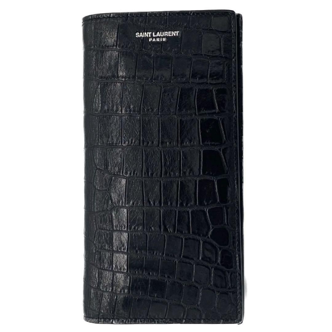 SAINT LAURENT サンローラン クロコ型押しレザー 長財布 小銭入れ カード入れ 札入れ ブラック シンプル 人気拍卖