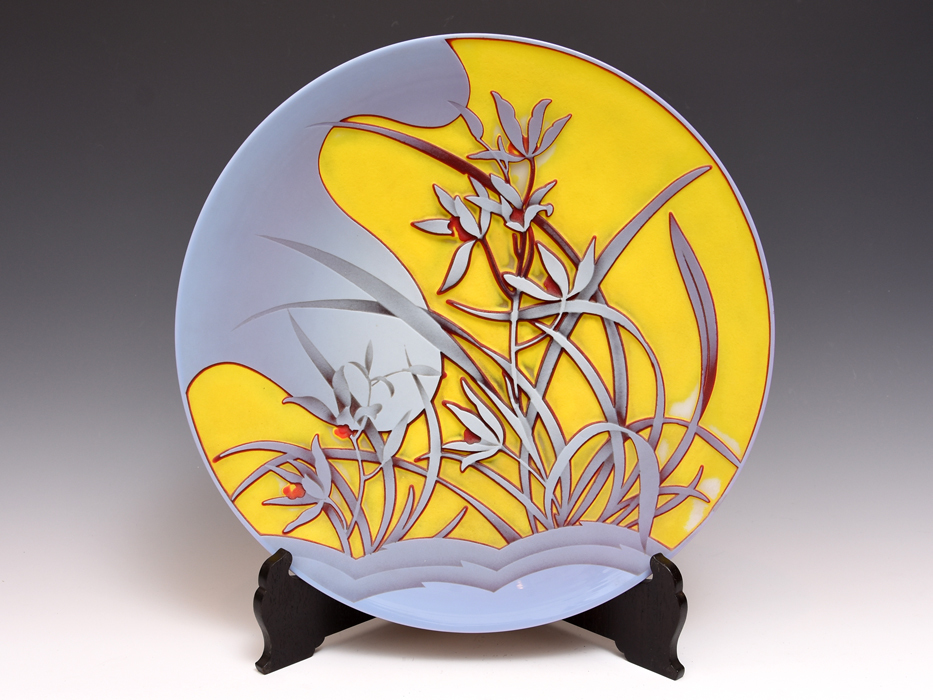 四層 被せガラス 花文 硝子 ガラス工芸 大皿 飾り皿 プレート 硝子 glass 工芸品 z0052s拍卖