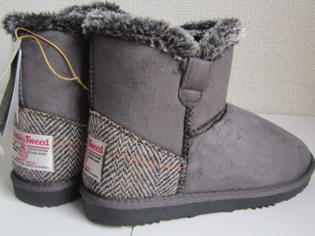 送料無料◆グレー◆LL◆ぽかぽか新品 ハリスツイード もこもこボアブーツ スタイルアップインヒール付き ヘリボーンツイード拍卖