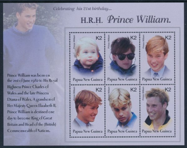 パプアニューギニア切手『ウイリアム王子』6枚シート拍卖