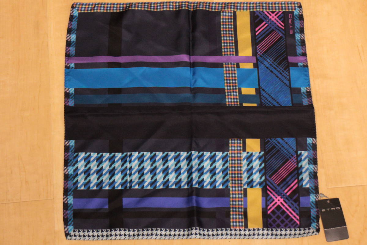 エトロ新品シルクポケットチーフ超美麗シアンブルー*パープル*イエロー*ピンク*ブラック多彩チェックパターン切替しハンドメイド拍卖