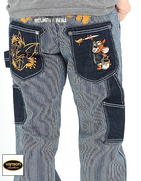 vanson×TOM&JERRYコラボ デニムパンツ◆vanson ヒッコリー36inch 36インチ TJV-2308 バンソン ヴァンソン 刺繍 トムとジェリー ジーンズ拍卖