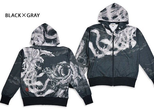 龍×鳳凰極彩スウェットパーカー◆絡繰魂 ブラック×グレーLサイズ 231834 和柄 和風 竜 からくり スエット拍卖