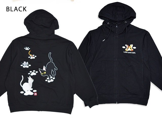 ラミ&アール ケンケンパードルマンスリーブパーカー◆LIN ブラックMサイズ AL-75079 猫 ねこ 鼠 ネズミ 刺繍 男女兼用 ユニセックス拍卖
