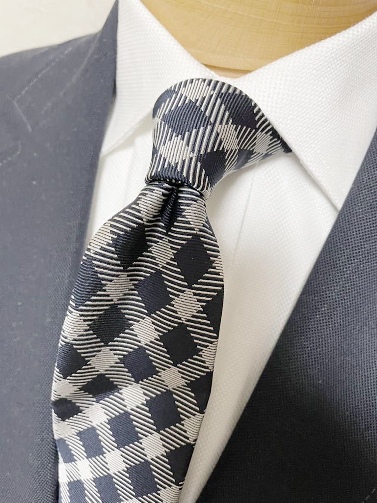 【美品】ビームスF 日本製ネクタイ 大剣約8cm ネイビー×ホワイトシルバー チェック柄拍卖