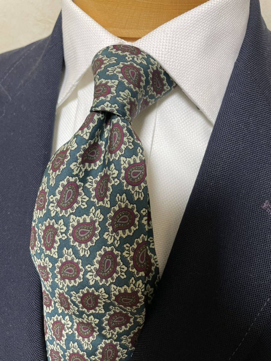 【美品】イタリア製高級シルクネクタイ 1880 グリーン基調プリントタイ 大剣約10cm ヴィンテージ 結びやすい拍卖
