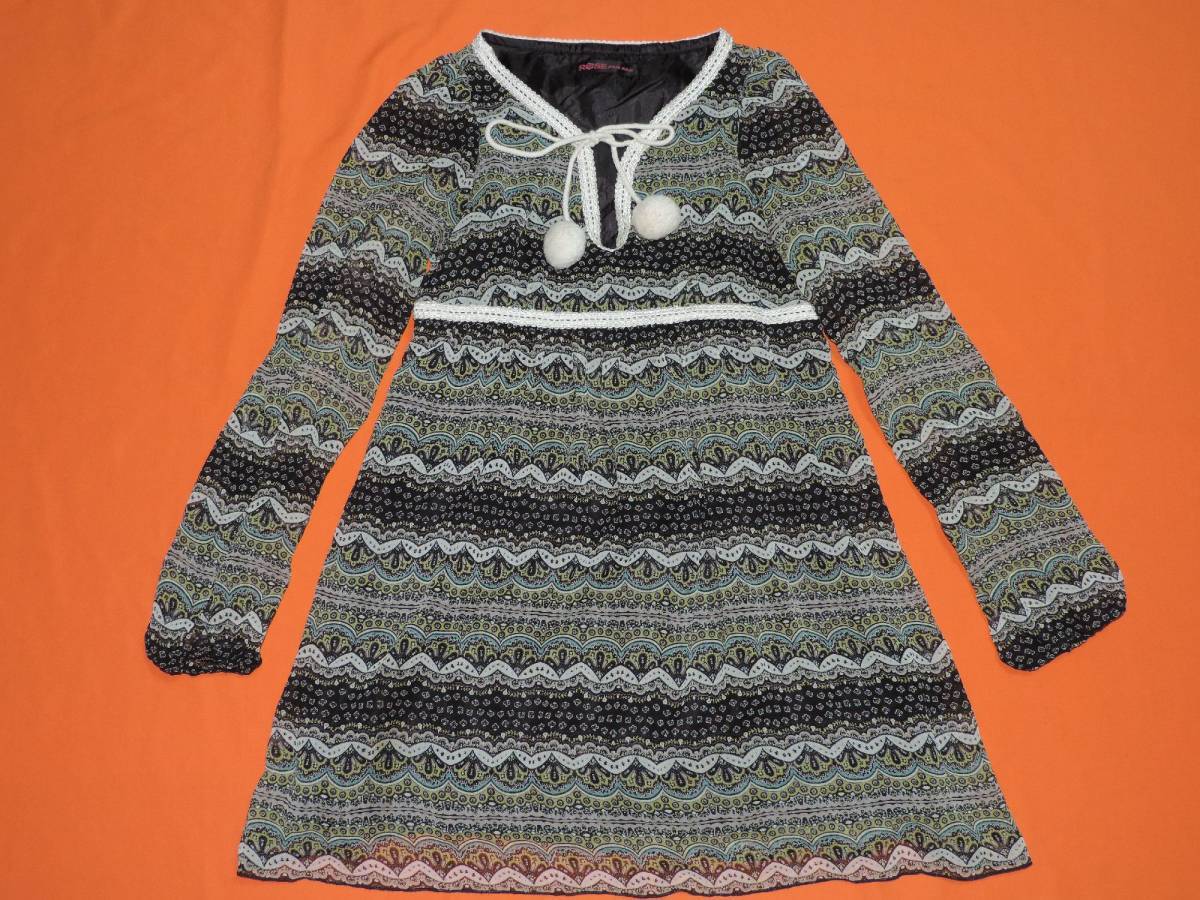 ☆評価5000達成記念☆激安☆ローズファンファンのボンボン付リボンおしゃれ柄長袖シフォンワンピース☆Mくらい☆拍卖