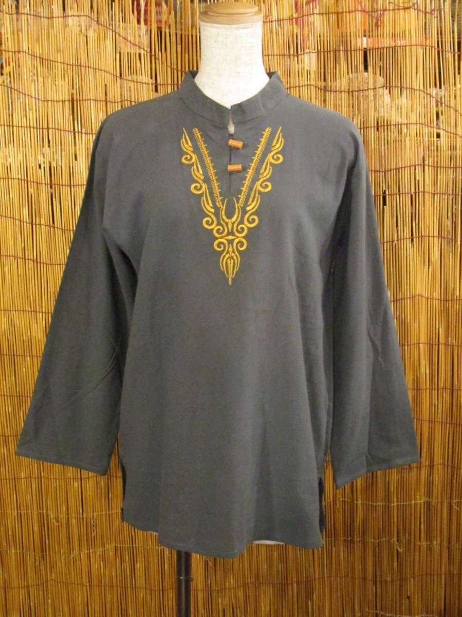 【送料込み/SALE】①新品*男女兼用*コットン素材*トライバルステッチ*コットン素材*マオカラー*長袖*プルオーバー MAJAM拍卖