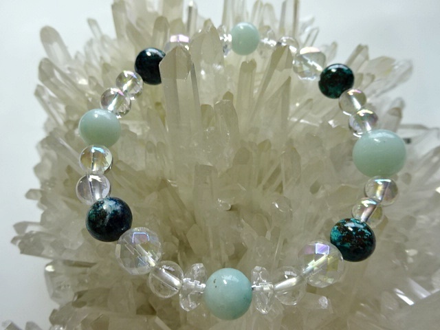 パワーストーンブレスレット アマゾナイト・クリソコラ・アクアオーラ・水晶<対人能力を高める>16㎝ 075拍卖