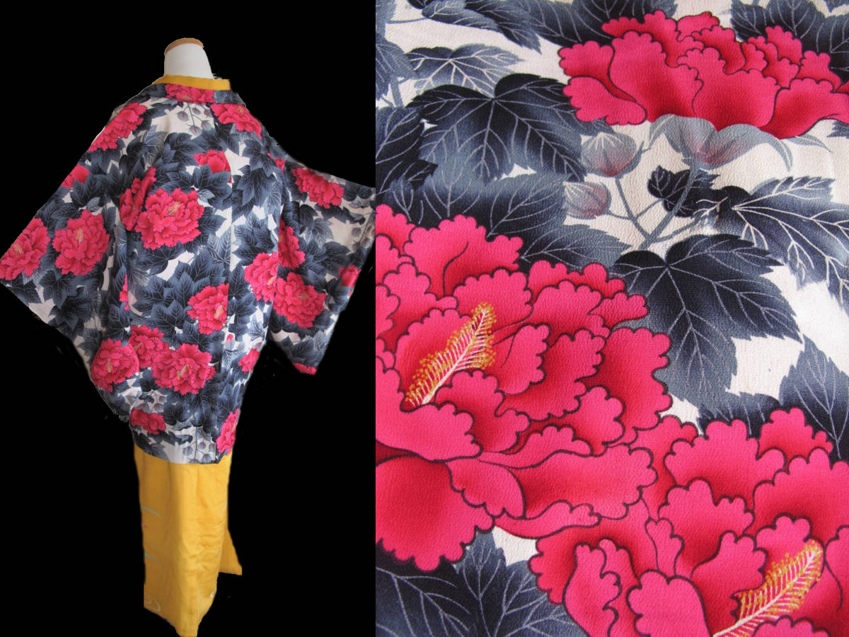 艶やか 墨絵に紅牡丹 縮緬 アンティーク羽織拍卖