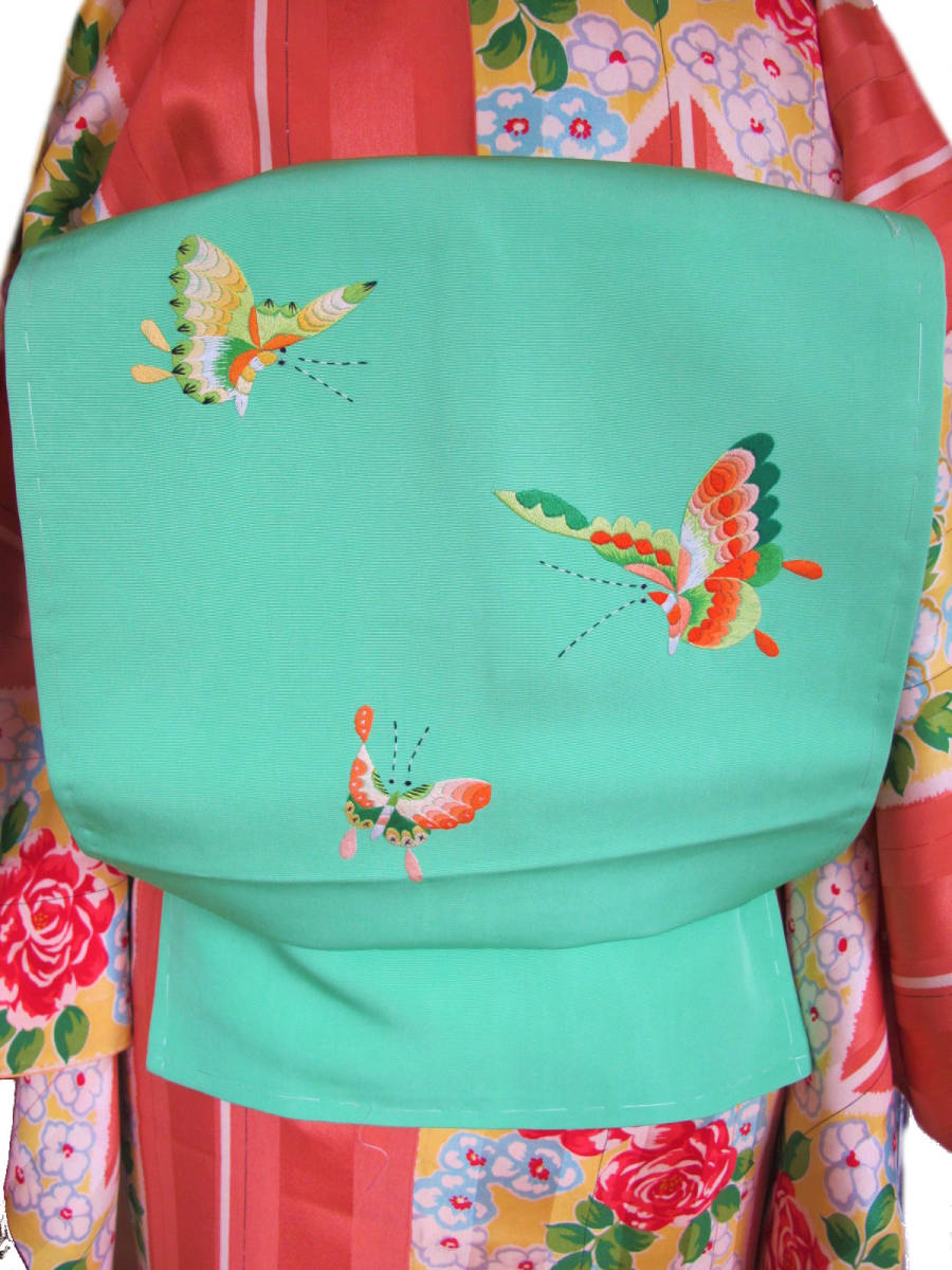 エメラルドグリーン 蝶々の総刺繍 セミアンティーク名古屋帯拍卖