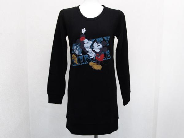 TTUミッキー トレーナーワンピース長袖Tシャツ 黒ブラック 女性レディースM / ロンTee ディズニー スウェット拍卖
