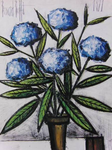 ベルナール・ビュッフェ「Hortensias bleus」希少画集の額装画、人気作品、オーダーマット付・日本製新品額入り、Bernard Buffet拍卖