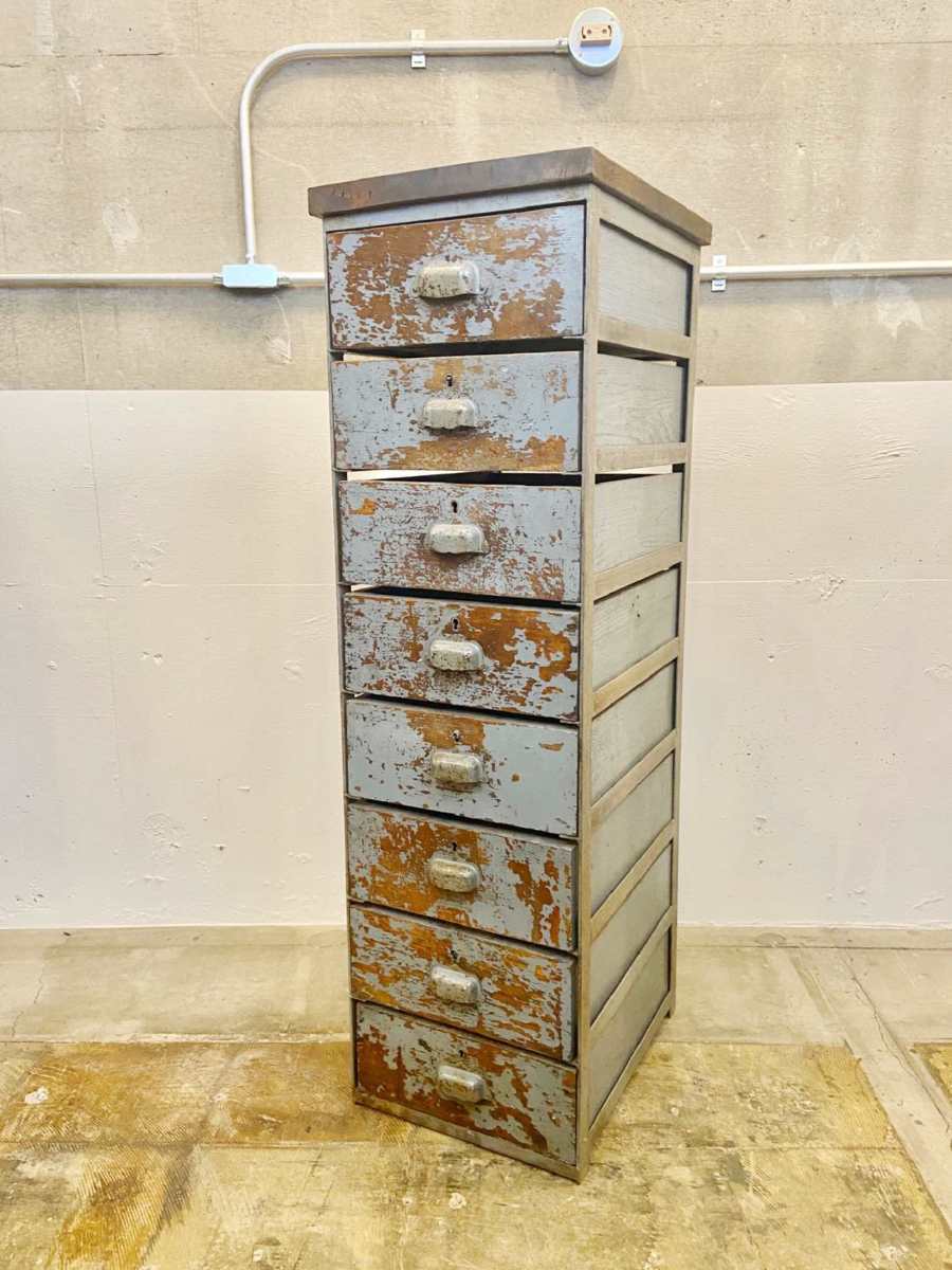 ヴィンテージ アイアン ウッド キャビネット フランス インダストリアル シャビー 店舗什器 ディスプレイ ガレージ 道具入れ【482】拍卖