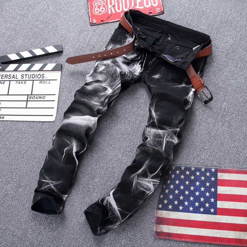 ZJM872 美脚 デニムパンツ ジーンズ プリント 狼柄 ブラック メンズ個性 細身 スキニーパンツ お洒落 W29~W42選択 拍卖