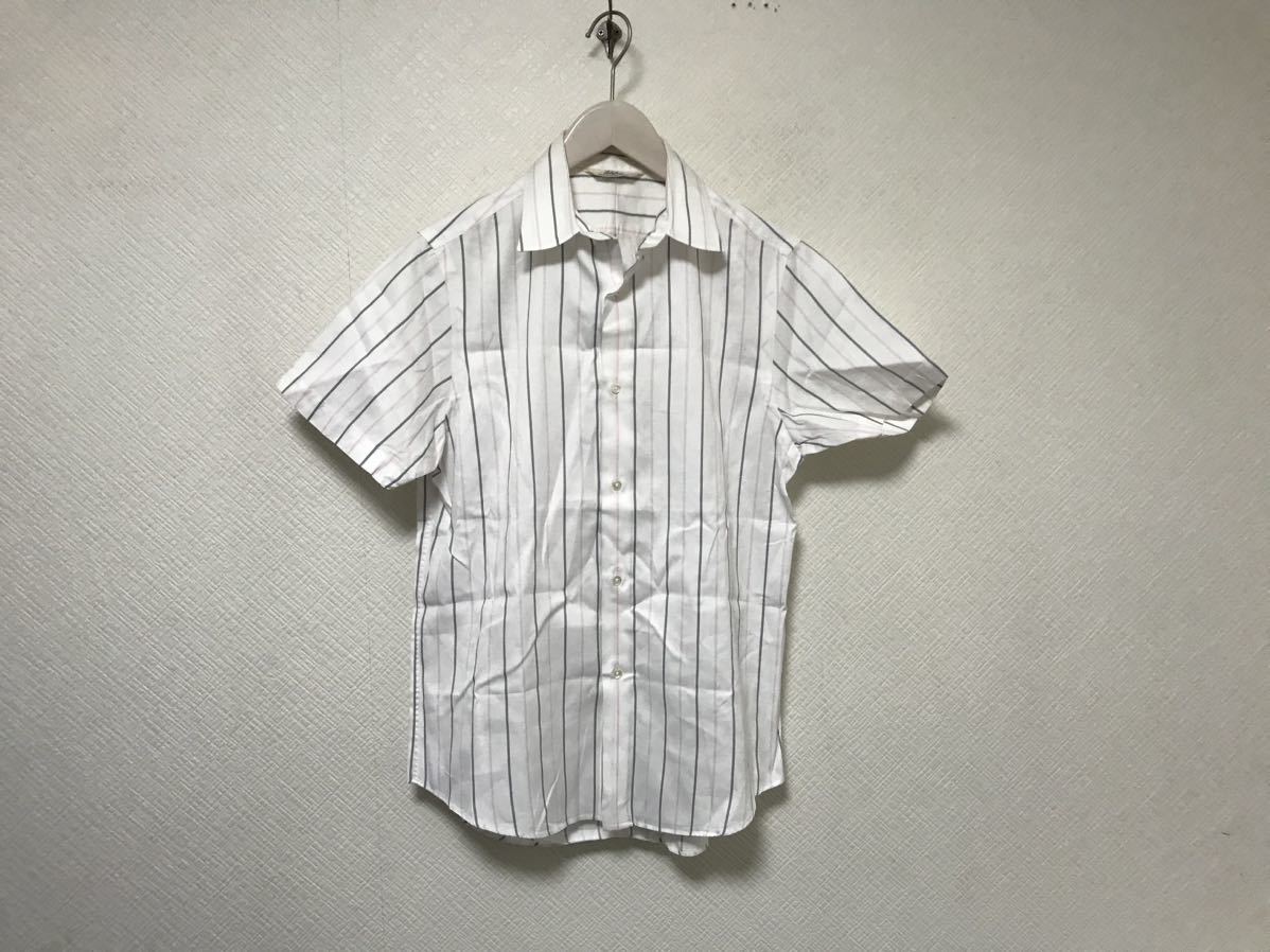 本物エディフィスEDIFICEコットンストライプ柄ドレス半袖シャツメンズアメカジサーフミリタリー38Mビジネススーツ日本製グレー白拍卖