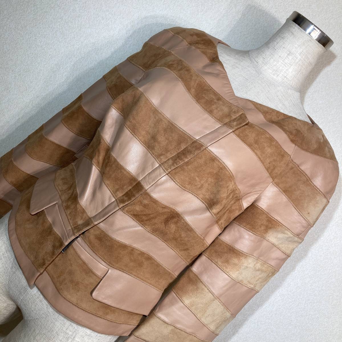 B027新品!■フェラガモ★伊製★羊革/切替ボーダー★66万★ZIPジャケット■42拍卖