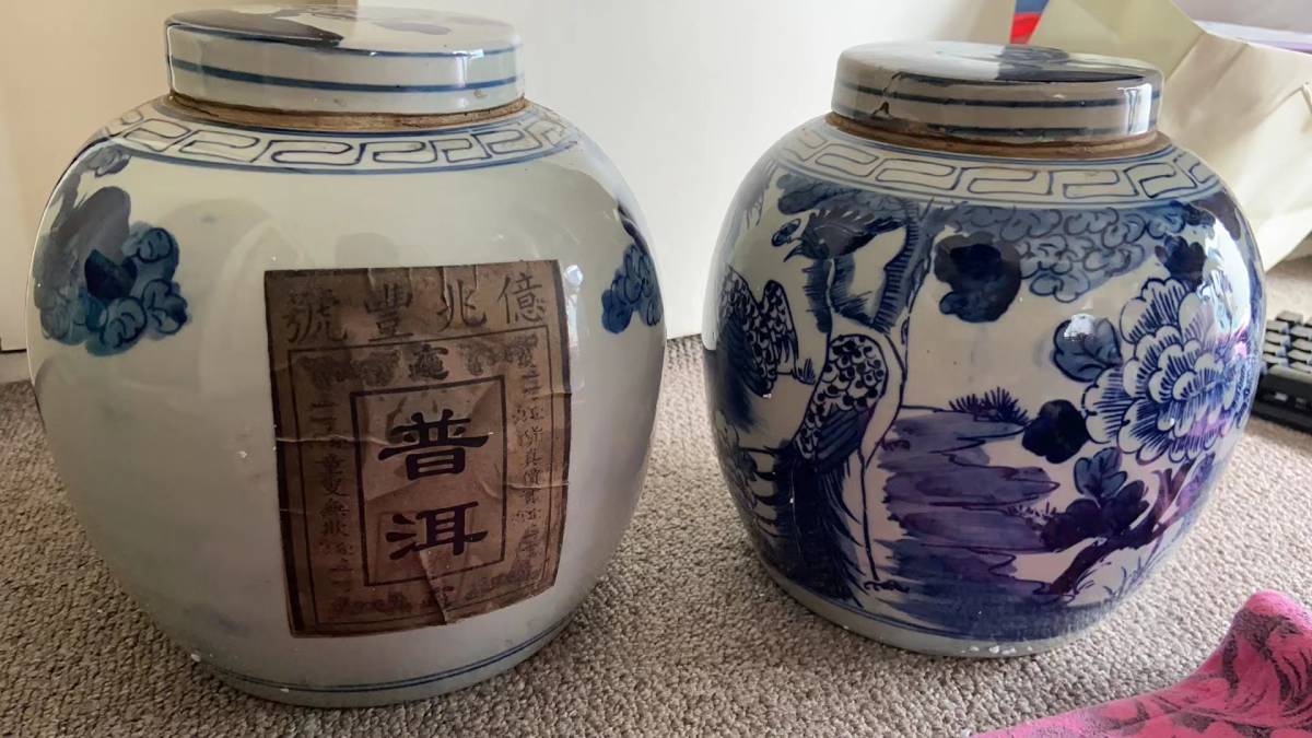 『清・古陶瓷品・青花・花開富貴紋・プーアル茶罐』極細工 置物古賞物 中国古玩 中国古美術zz拍卖