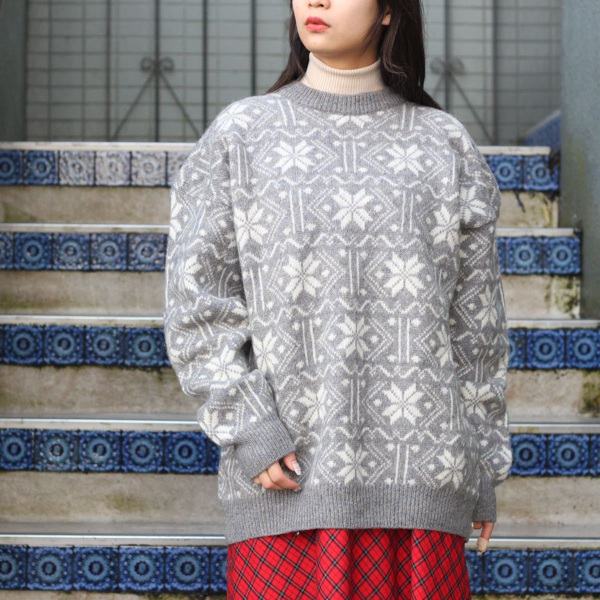 USA VINTAGE NORDIC PATTERNED DESIGN OVER KNIT/アメリカ古着ノルディック柄デザインオーバーニット拍卖