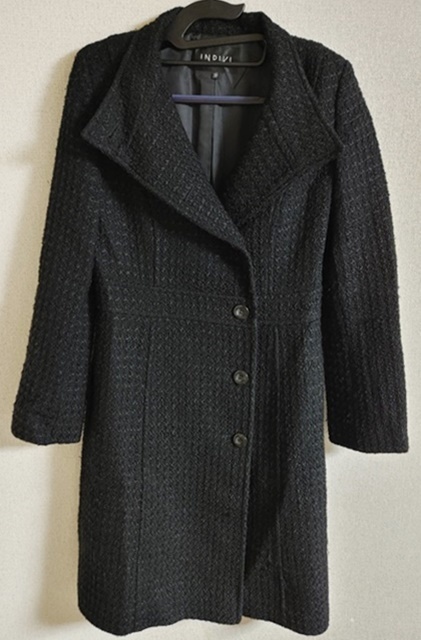 Lサイズ位 INDIVI インディヴィ 長袖 コート 黒 38サイズ 毛混拍卖