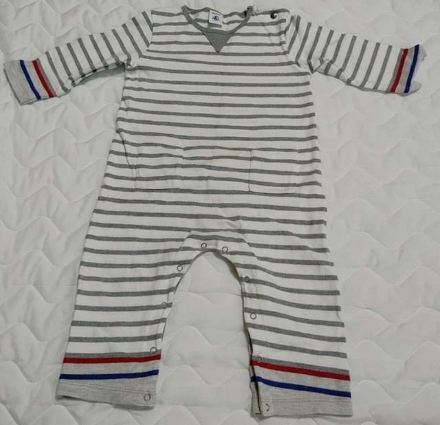18m/81㎝ PETIT BATEAU プチバトー 長袖 長ズボン ロンパース つなぎ ボーダー 白×グレー拍卖
