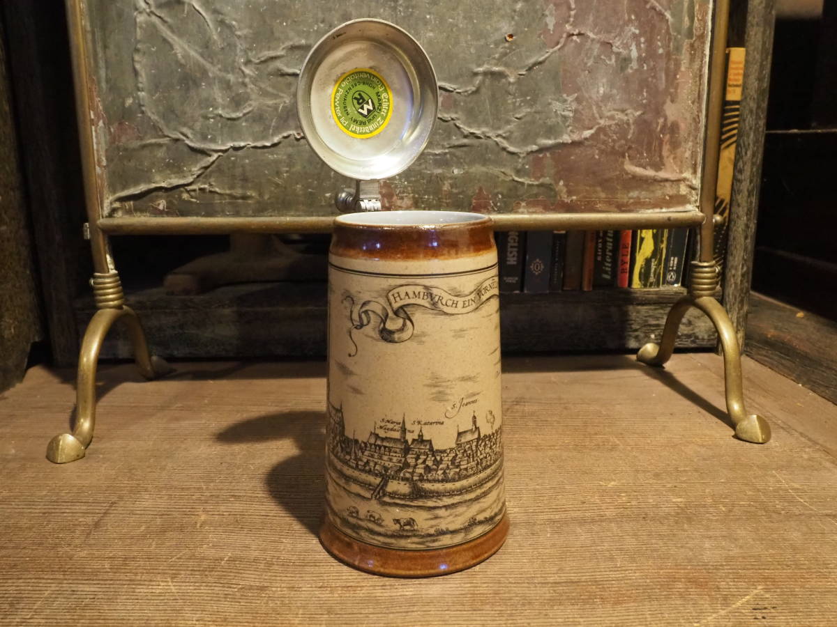 【フランス蚤の市蓋つきのビアマグ】ドイツ陶製ピューター錫製ビールテーブル古道具アンティーク骨董インテリアカフェbarインダストリアル拍卖