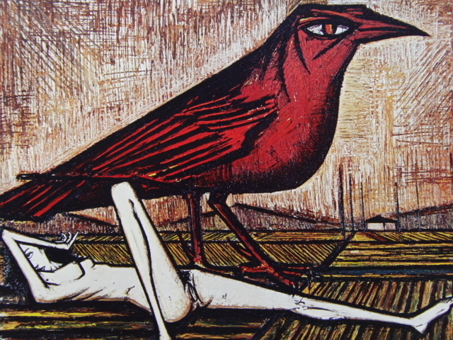 ベルナール・ビュッフェ「LES OISEAUX-L'oiseau rouge」希少画集の額装画、人気作品、オーダーマット付・日本製新品額入り、Bernard Buffet拍卖