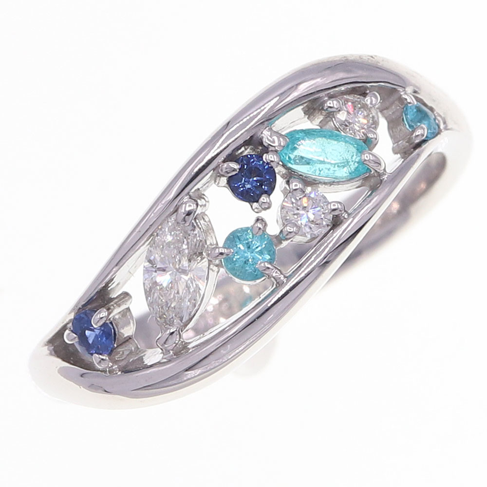 サファイヤ トルマリン リング 指輪 S0.08ct T0.13ct D0.17ct K18WG 13号拍卖