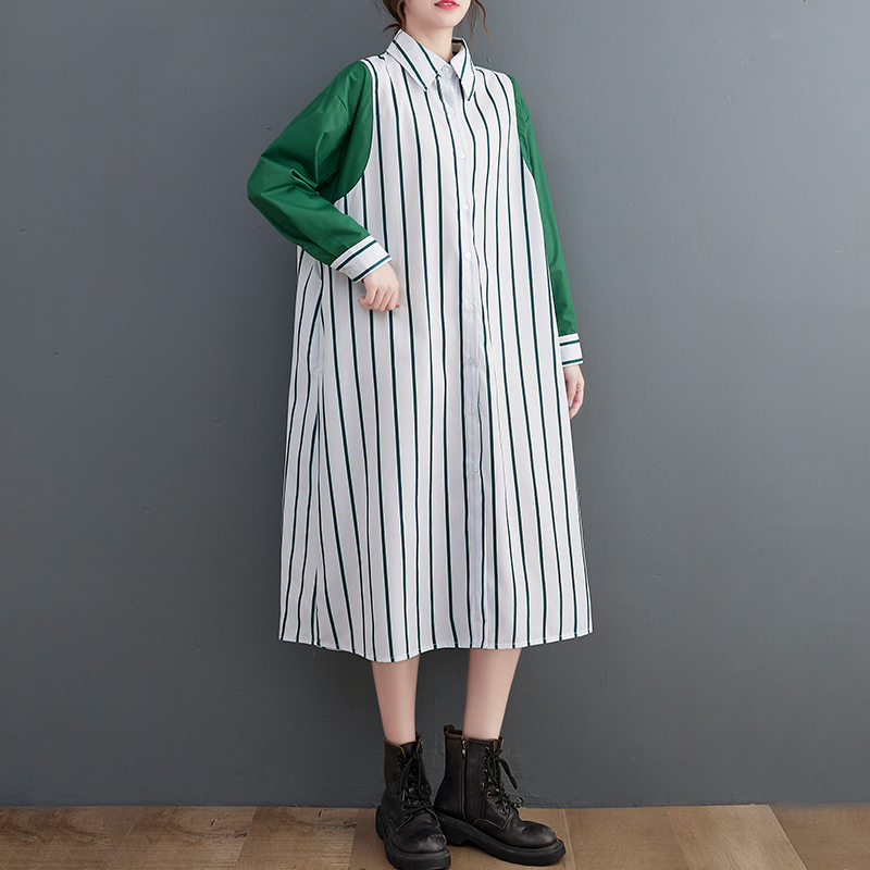 「同梱1万円送料無料」秋*新作*カジュアル*ゆったり大きいサイズ*ボーダー柄配色304050代*レディース**ロングシャツワンピース拍卖