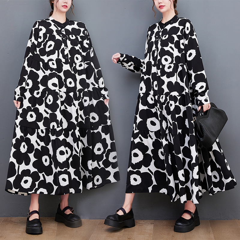 「同梱1万円送料無料」春*新作*カジュアル*おしゃれ**大きな花柄*ゆったり大きいサイズ*長袖*ロングシャツワンピース*拍卖