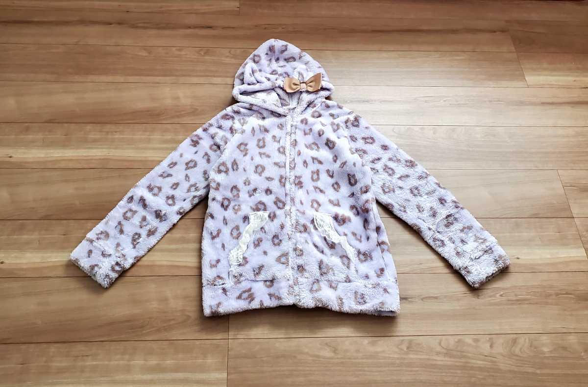 中古 レディース 部屋着 ナイトウェア パジャマ パーカー フード付き M~L パープル系 ヒョウ柄 リボン モコモコ拍卖