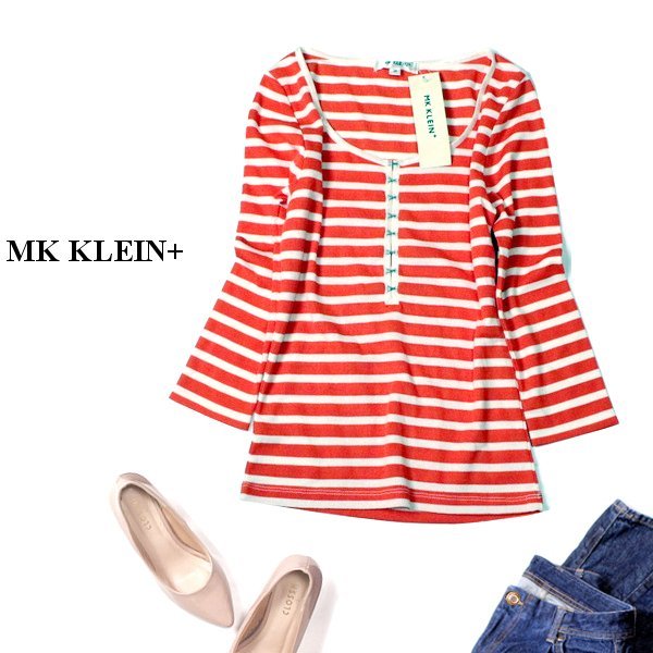 ☆☆ 未使用 MK KLEIN+ ☆☆ 可愛いボーダー柄 細身 コットン ストレッチ カットソー 38号 M 春 夏 23B02拍卖