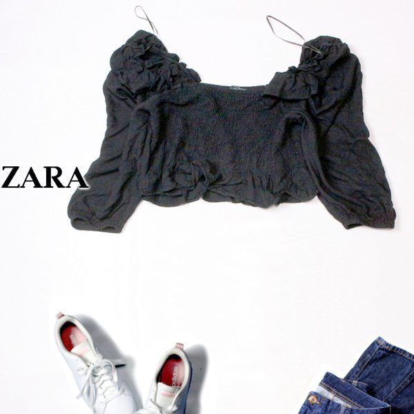 ☆☆ 美品 ザラ ZARA ☆☆ 可愛いシャーリングギャザー 柔らか レーヨン ショート丈 トップス M 春 夏 23B02拍卖