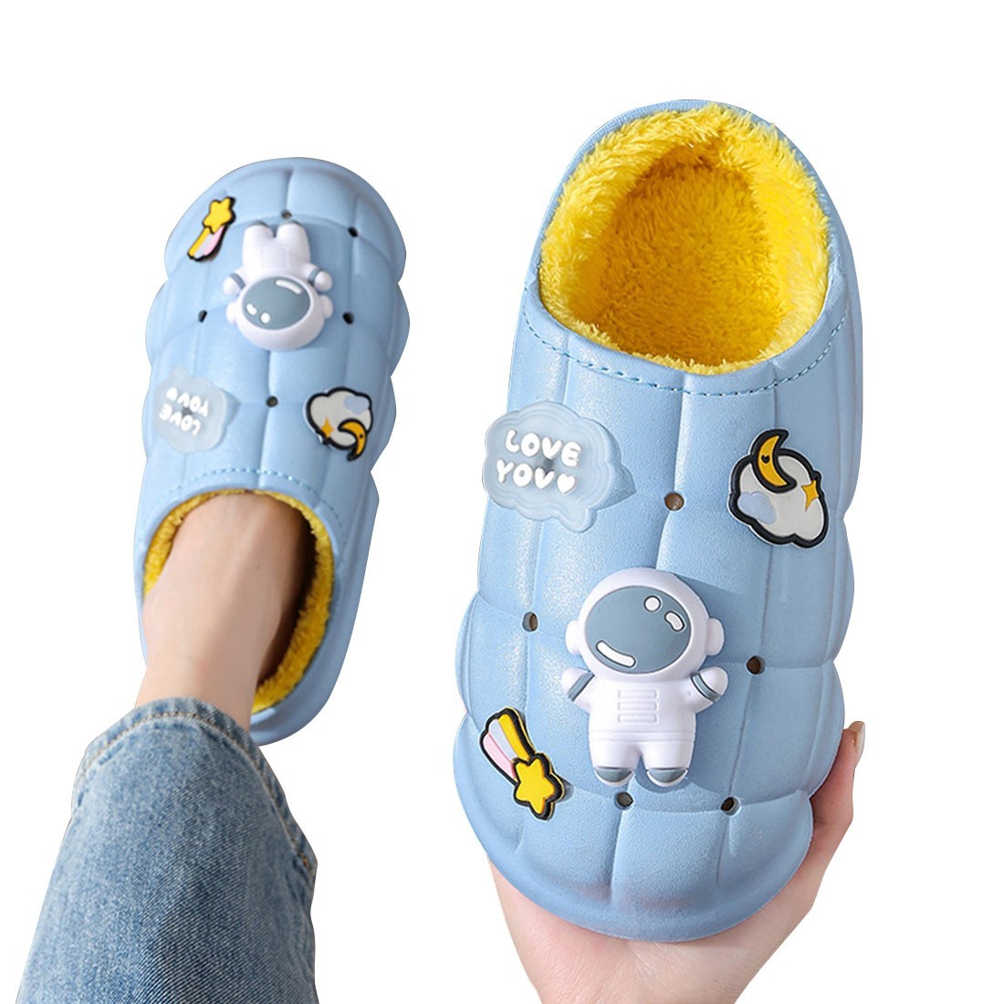チャーム付きスリッパ かかと無し 大人用 23.5cm ブルー レディース ボア付き 防水 裏ボア 防寒 防滑 厚底スリッパ拍卖