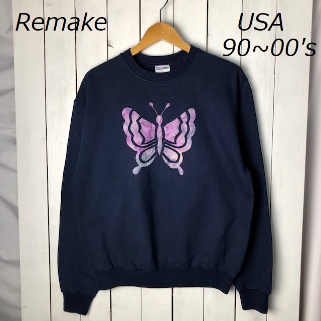 USA古着 90s~00s タイダイ染パッチワーク 蝶々リメイクスウェット M~L 紺 オールド ヴィンテージ アメリカ古着 バタフライ JERZEES●181拍卖
