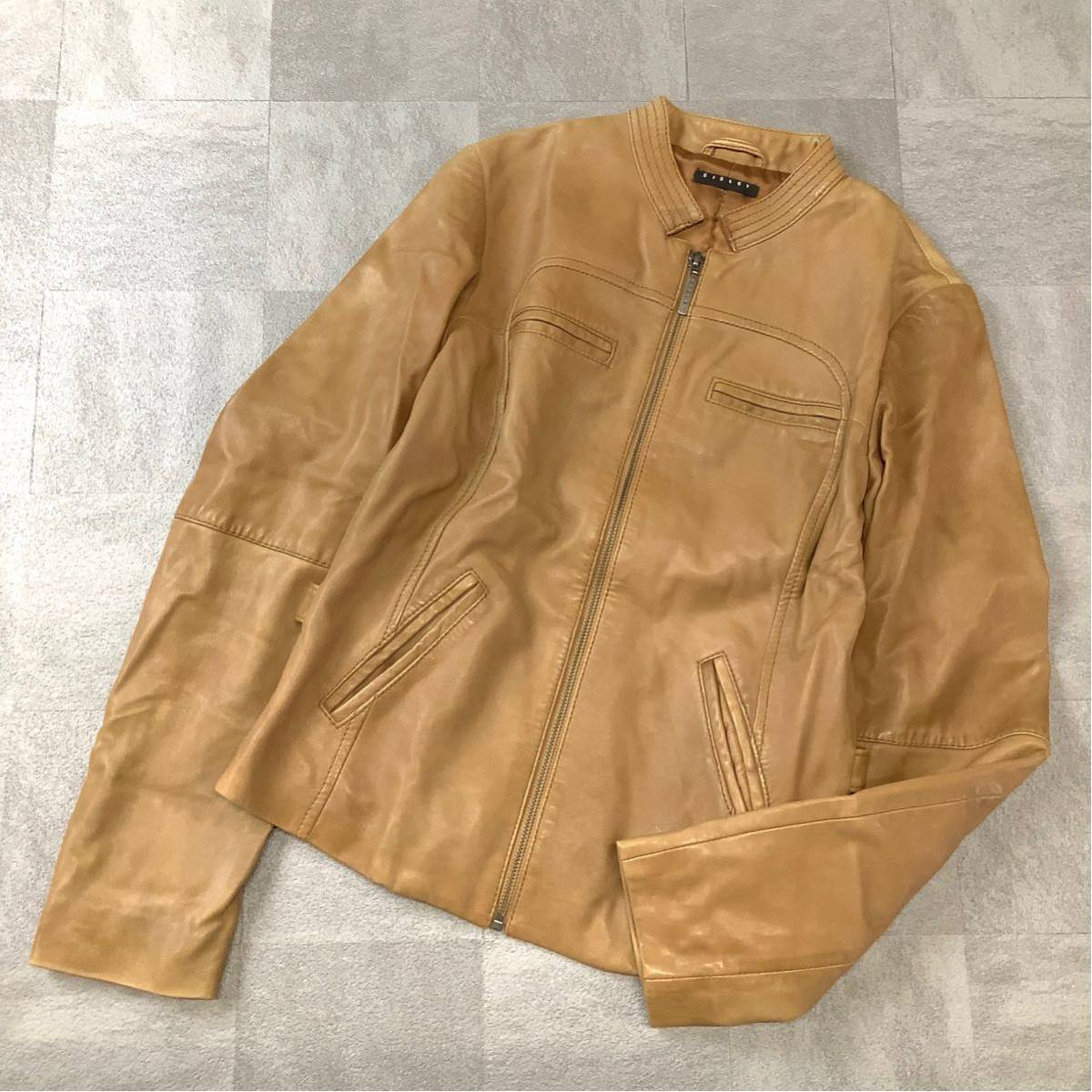 本革 ラムレザー 羊革 SISLEY ベネトン バンドカラー レザージャケット ライダースジャケット レディース 40 Lサイズ ブラウン キャメル拍卖