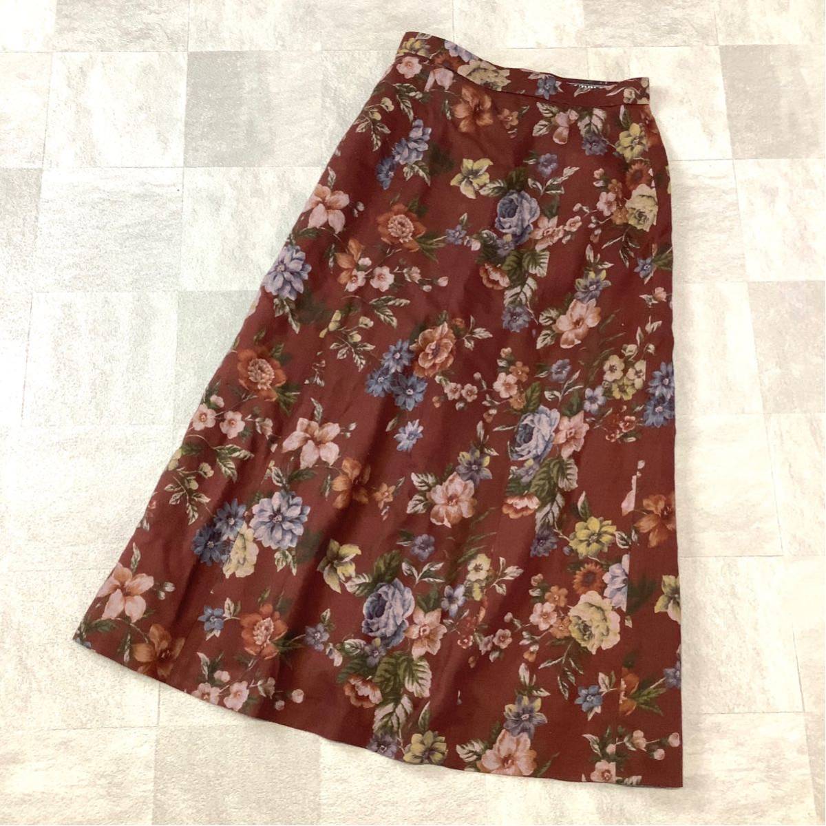 【滑らかなシルク混】美品 Burberry バーバリー 総柄 花柄 ロングスカート ウールシルク レディース 7 S ボルドー拍卖