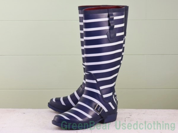 T639◆レディース【L.L.ビーン】レインブーツ ストライプ 紺 ネイビー 7W 24cm拍卖