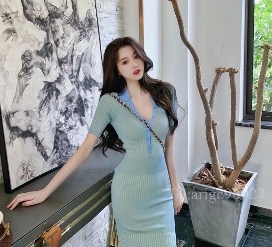 I014★*セクシー*エロかわ ぴったりボディライン 前ボタン付*襟付き*リブ素材*Vネック*ひざ丈*タイトワンピース*伸縮性有り拍卖