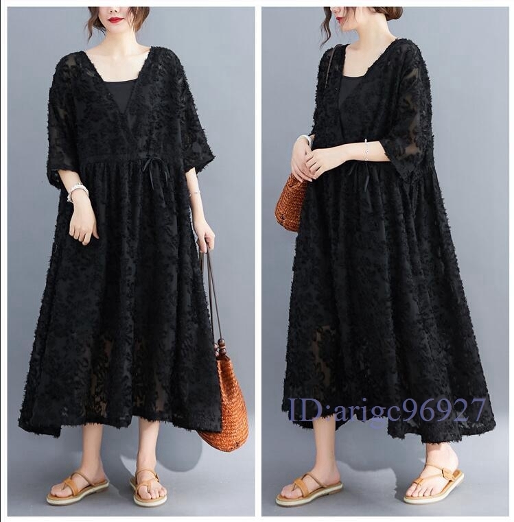 N291★新品春夏*カジュアル*ゆったり大きいサイズ体型カバー*花柄*ふんわり20304050代2点セットロングワンピー*L~XL黒拍卖