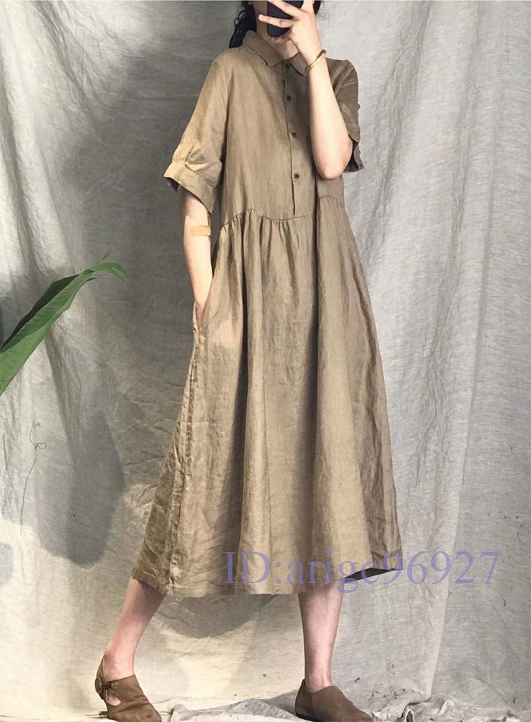 N207★新品夏***レディース*カジュアル**20304050代*体型カバー*無地*綿麻ゆったり半袖ロングワンピースM~XXLカーキ拍卖