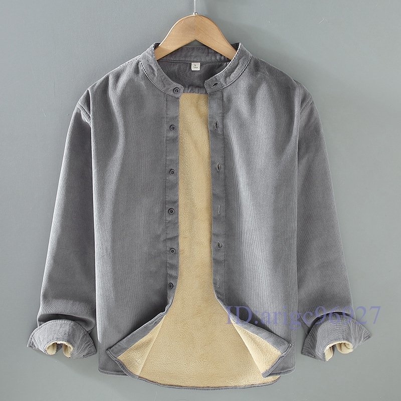 Y728☆新品メンズ 裏ボア 立ち襟 無地 ブルゾンジャケット 長袖シャツ カジュアル ビジネス 上級 厚手 コーデュロイ 秋冬 グレー M~3XL拍卖