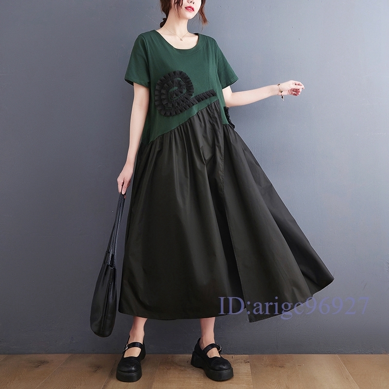 N473★新品春夏**カジュアル*ゆったり*大きいサイズ体型カバー*フリル切り替え*半袖マキシプリーツロングワンピース*緑拍卖