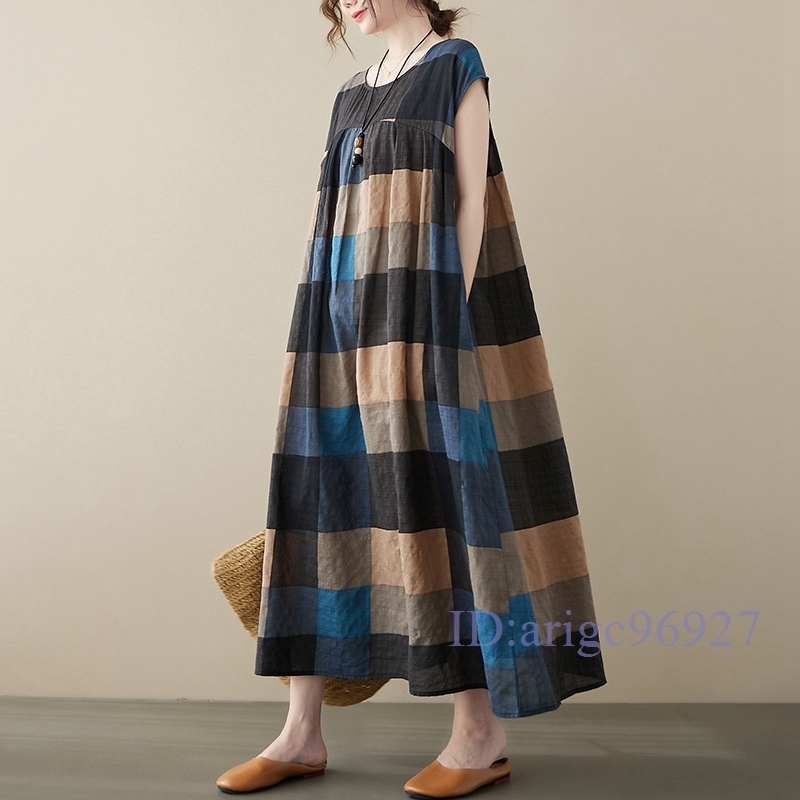 N335★新品夏**レディース*カジュアル*ゆったり大きいサイズ体型カバー*チェック柄半袖マキシロングワンピース*黒拍卖